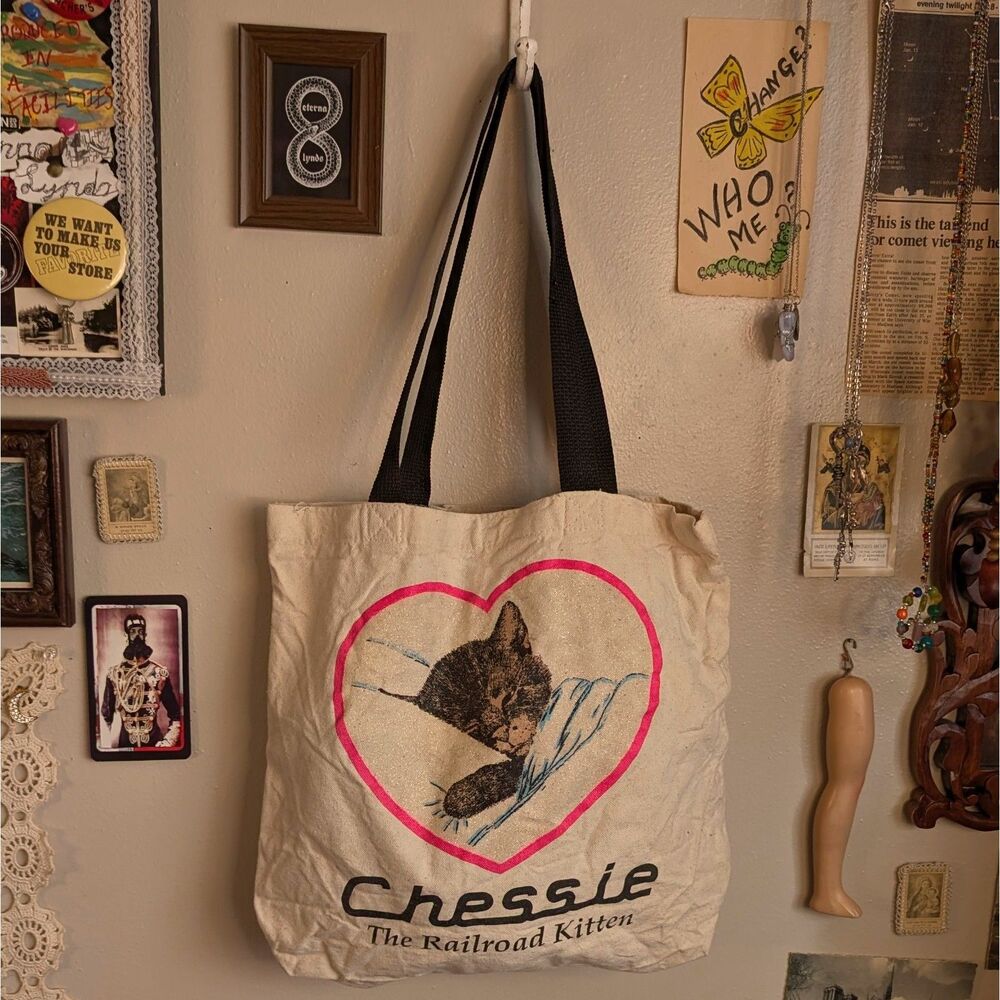 Vintage Chessie the Railroad Kitten Tote Bag Sparkly Heart Cream